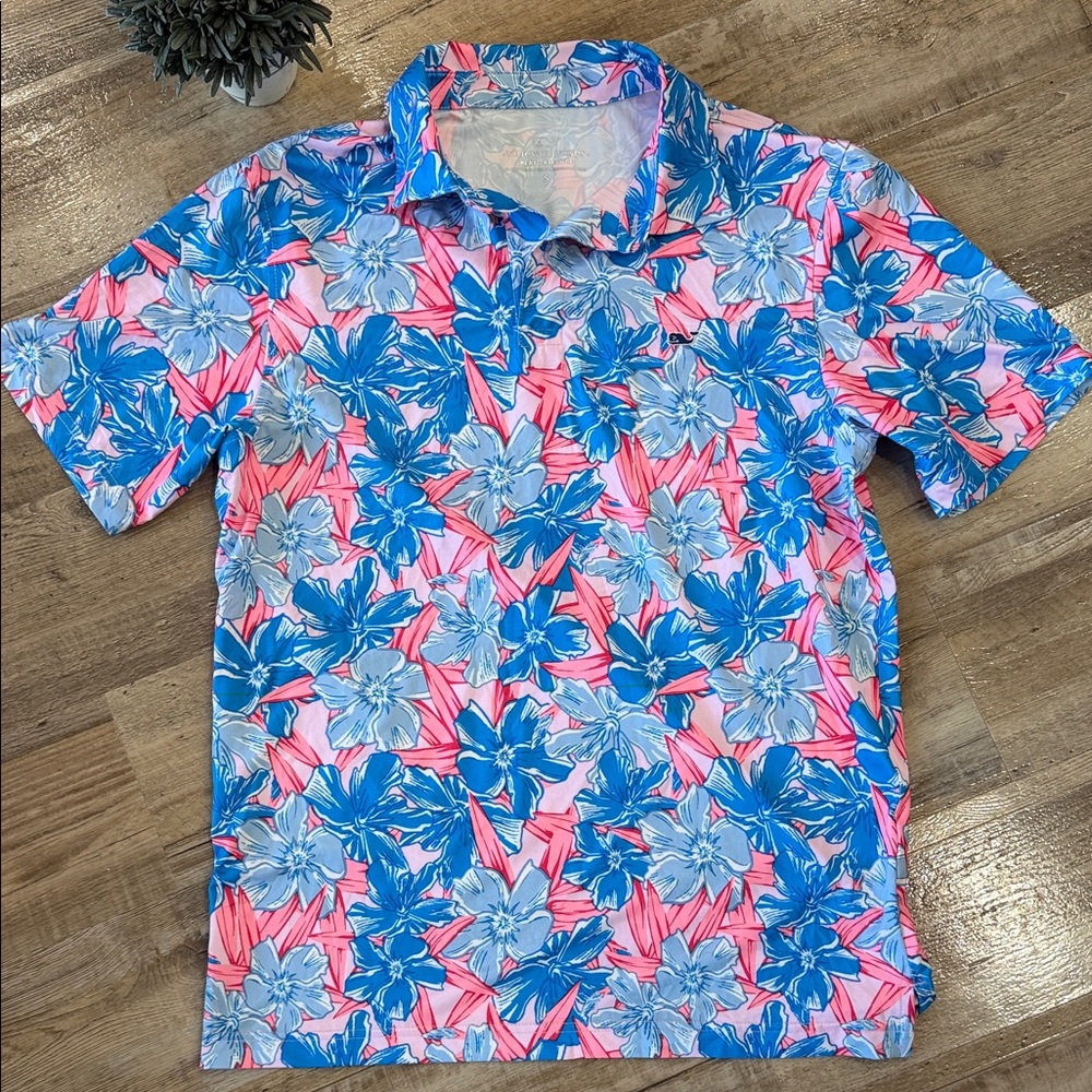 Men's Small Floral Vineyard Vines Polo Shirt - Pink & Blue